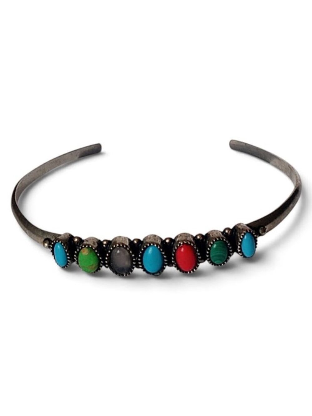 Vintage 925 Sterling Silver Multi Gemstone Cuff Bracelet Adjustable Handmade